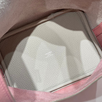 HERMES 25S PICOTIN LOCK 18 IN PINK AND LIGHT GRAY CALFSKIN SILVER HARDWARE