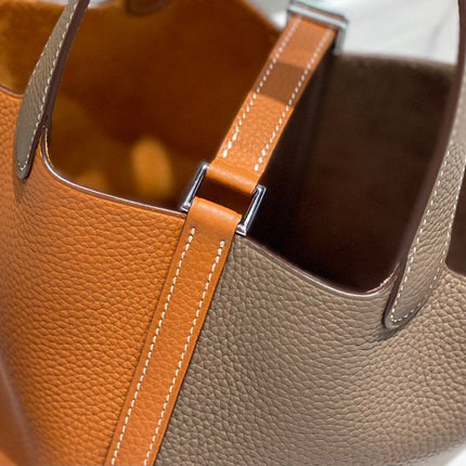 HERMES 25S PICOTIN LOCK 18 IN BROWN AND ORANGE COMBINATION CALFSKIN SILVER HARDWARE