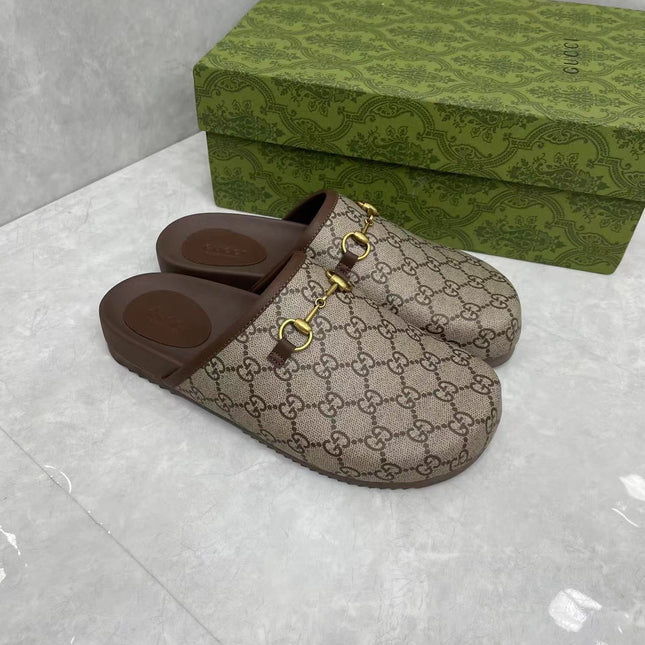 MULE WITH GOLD HORSEBIT IN BEIGE AND EBONY MONOGRAM CANVAS