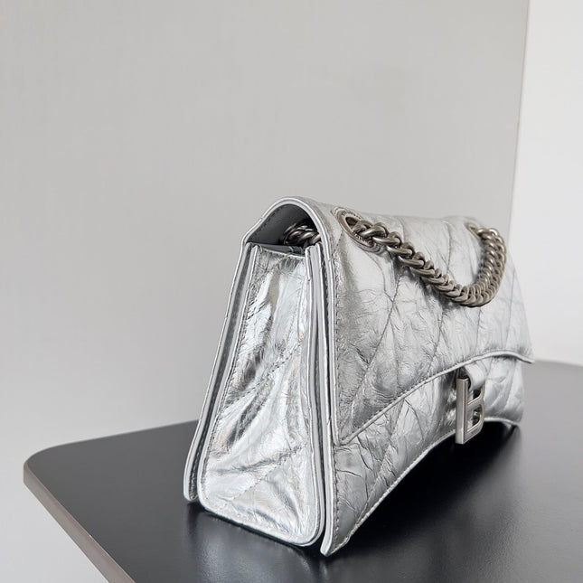 CRUSH CHAINED BAG 25 IN SILVER METALLIC QUILTED CRUSHED CALFSKIN
