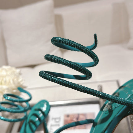 RENE CAOVILLA 26S SQUARE TOE ANKLE STRAP SANDALS 95 MM IN EMERALD GREEN LAMBSKIN