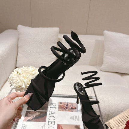 RENE CAOVILLA 26S SQUARE TOE ANKLE STRAP SANDALS 95 MM IN BLACK FABRIC