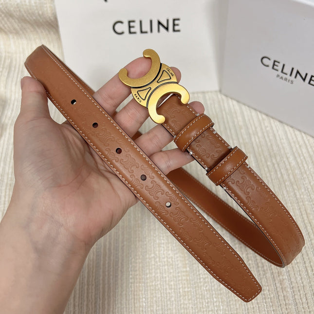 Medium Triomphe Belt 25mm Tan Calfskin White Line Finishing Gold Finishing