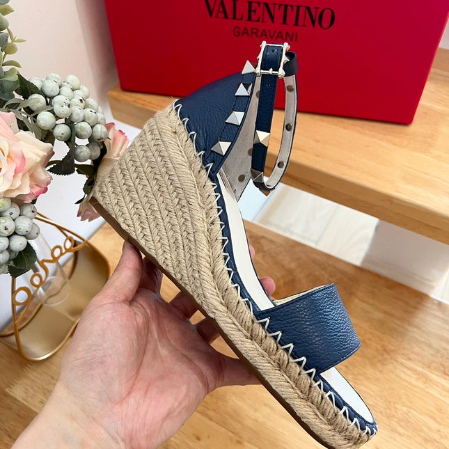 VALENTINO 26S WEDGE SANDALS IN DARK BLUE CALFSKIN