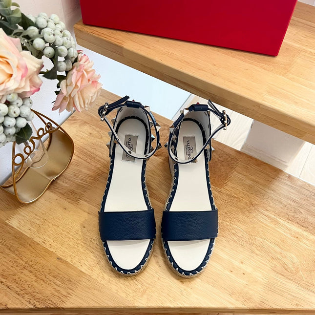 VALENTINO 26S WEDGE SANDALS IN DARK BLUE CALFSKIN