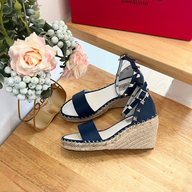 VALENTINO 26S WEDGE SANDALS IN DARK BLUE CALFSKIN