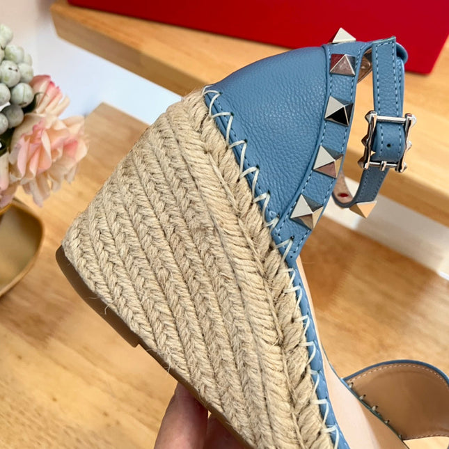 VALENTINO 26S WEDGE SANDALS IN BLUE CALFSKIN