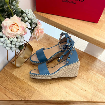 VALENTINO 26S WEDGE SANDALS IN BLUE CALFSKIN