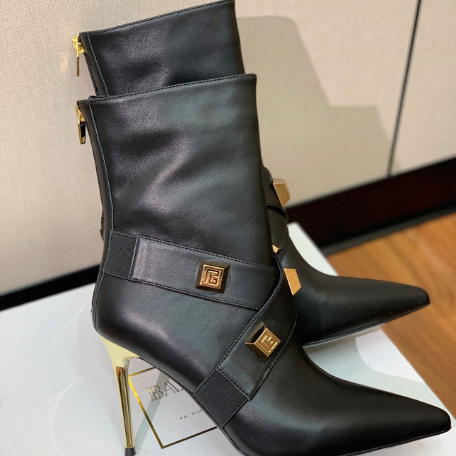 BALMAIN 26S BOOT 105 MM IN BLACK CALFSKIN WITH GOLD HARDWARE STYLE 1