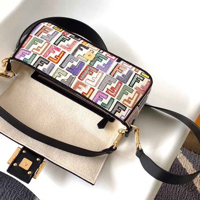 Fend Baguette Black and Multicolour Canvas Bag 27 with FF Embroidery Ghw