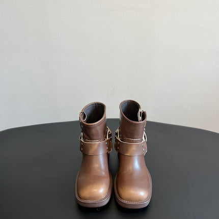 MIUMIU 26S ANKLE BOOTS IN BROWN CALFSKIN SILVER HARDWARE