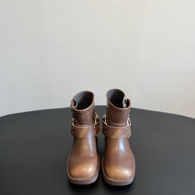 MIUMIU 26S ANKLE BOOTS IN BROWN CALFSKIN SILVER HARDWARE