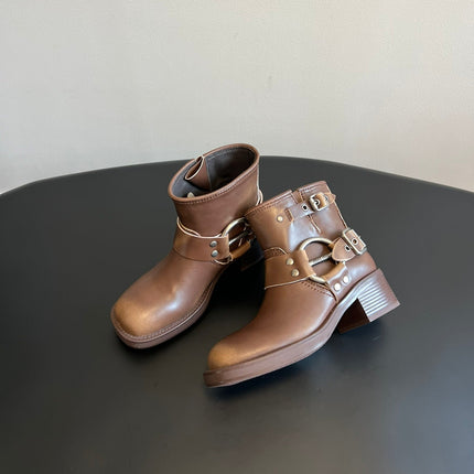 MIUMIU 26S ANKLE BOOTS IN BROWN CALFSKIN SILVER HARDWARE