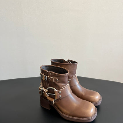 MIUMIU 26S ANKLE BOOTS IN BROWN CALFSKIN SILVER HARDWARE