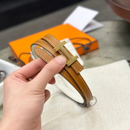 HM FOCUS BUCKLE & REVERSIBLE BRONZE BROWN AND WHITE LEATHER STRAP 13MM GOLD HARDWARE