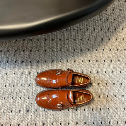 MIUMIU 26S CHURCH BROGUE MONK STRAP SHOES IN RUST ORANGE PATENT CALFSKIN