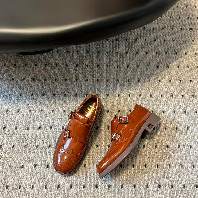 MIUMIU 26S CHURCH BROGUE MONK STRAP SHOES IN RUST ORANGE PATENT CALFSKIN