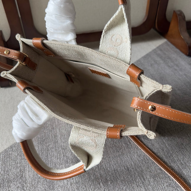 SMALL WOODY TOTE BAG 26.5 IN BEIGE LINEN CANVAS WEBBING LOGO EMBROIDERY BROWN CALFSKIN
