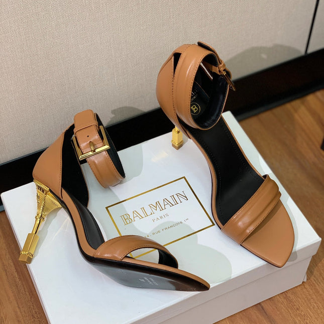 BALMAIN 26S METAL-HEEL SANDALS 105 MM IN BROWN CALFSKIN
