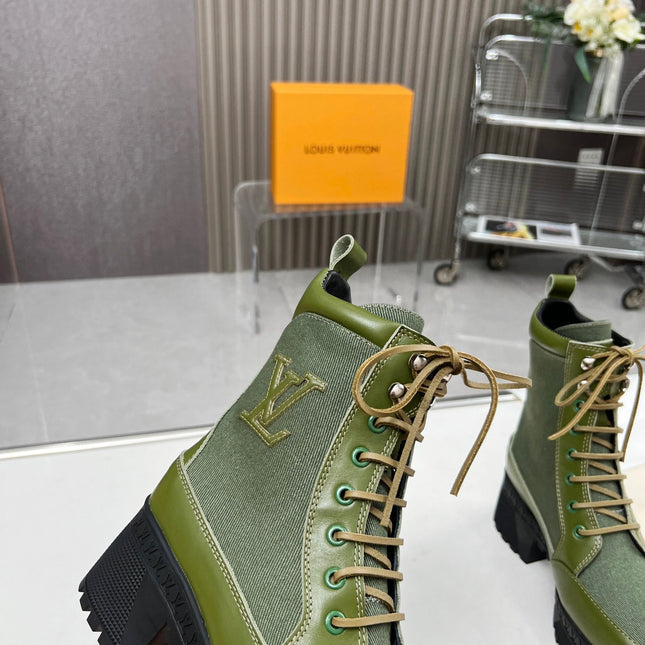 LAUREATE PLATFORM DESERT BOOT IN DARK OLIVE GREEN JACQUARD AND CALFSKIN