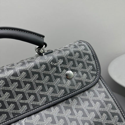 LEGER BACKPACK 37 IN GRAY GOYARDINE CANVAS WITH CALFSKIN TRIM