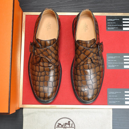 HM MONK STRAP CARAMEL WITH CROCODILE MOTIF CALFSKIN