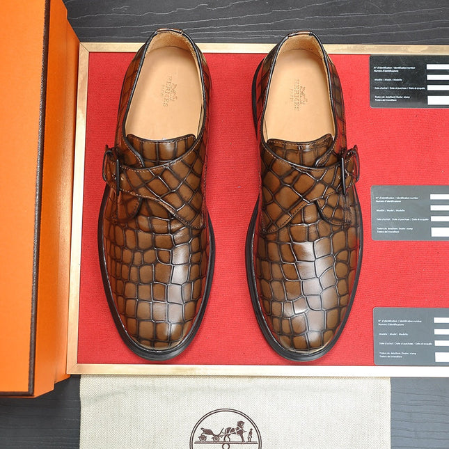 HM MONK STRAP CARAMEL WITH CROCODILE MOTIF CALFSKIN