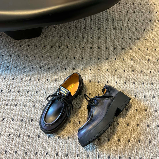 MIUMIU 26S LACED FUME SHOES IN BLACK CALFSKIN