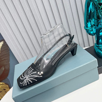 PRADA 26S SLINGBACK PUMPS 40MM IN BLACK CALFSKIN CRYSTAL EMBELLISHED