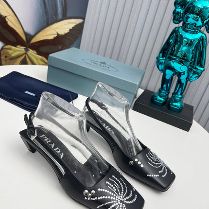 PRADA 26S SLINGBACK PUMPS 40MM IN BLACK CALFSKIN CRYSTAL EMBELLISHED
