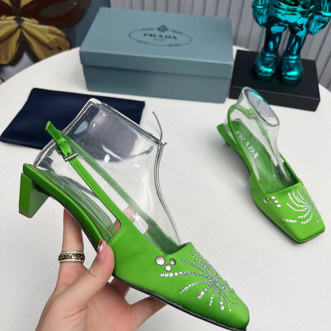 PRADA 26S SLINGBACK PUMPS 40MM IN APPLE GREEN SATIN CRYSTAL EMBELLISHED
