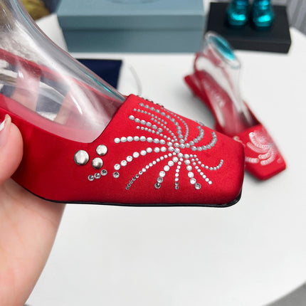 PRADA 26S SLINGBACK PUMPS 40MM IN DARK RED SATIN CRYSTAL EMBELLISHED