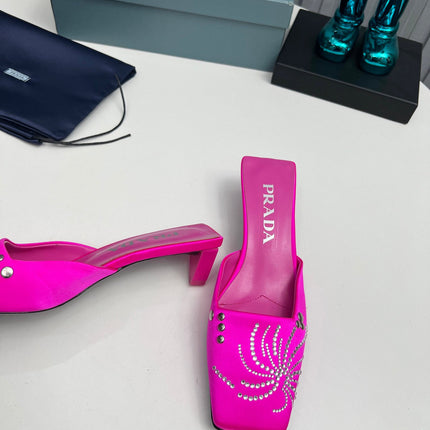 PRADA 26S MULE 40MM IN FUCHSIA PINK SATIN CRYSTAL EMBELLISHED
