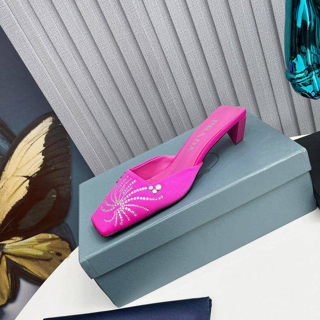 PRADA 26S MULE 40MM IN FUCHSIA PINK SATIN CRYSTAL EMBELLISHED