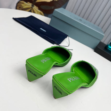 PRADA 26S MULE 40MM IN APPLE GREEN SATIN CRYSTAL EMBELLISHED