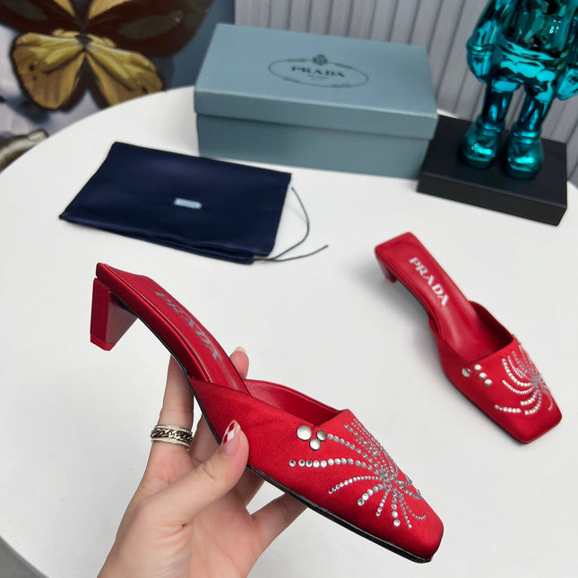 PRADA 26S MULE 40MM IN DARK RED SATIN CRYSTAL EMBELLISHED
