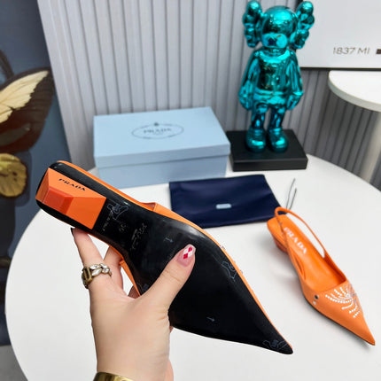 PRADA 26S POINTED TOE SLINGBACK 40MM IN ORANGE SATIN CRYSTAL EMBELLISHED