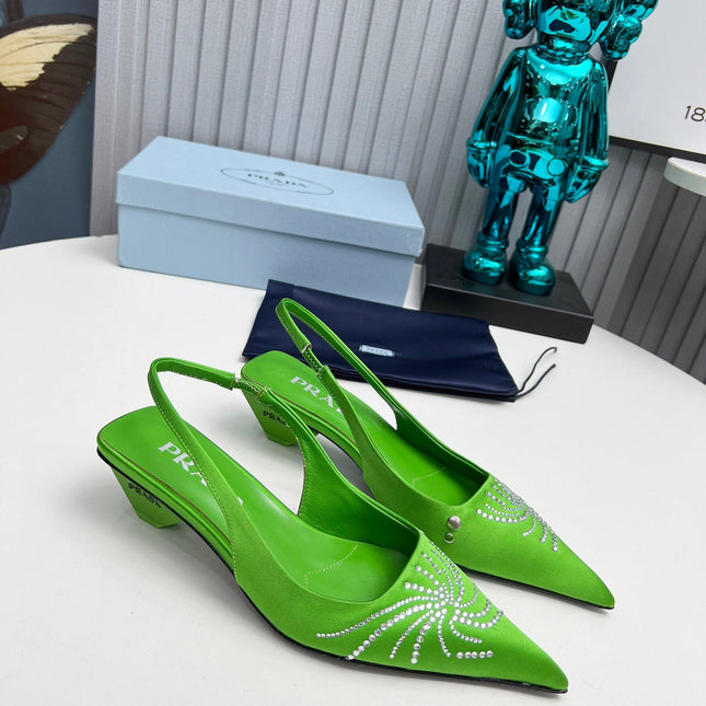 PRADA 26S POINTED TOE SLINGBACK 40MM IN APPLE GREEN SATIN CRYSTAL EMBELLISHED