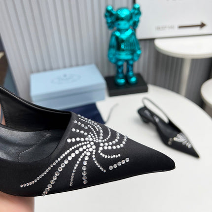 PRADA 26S POINTED TOE SLINGBACK 40MM IN BLACK SATIN CRYSTAL EMBELLISHED