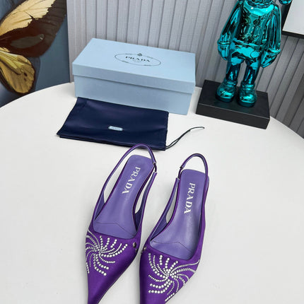 PRADA 26S POINTED TOE SLINGBACK 40MM IN PURPLE SATIN CRYSTAL EMBELLISHED
