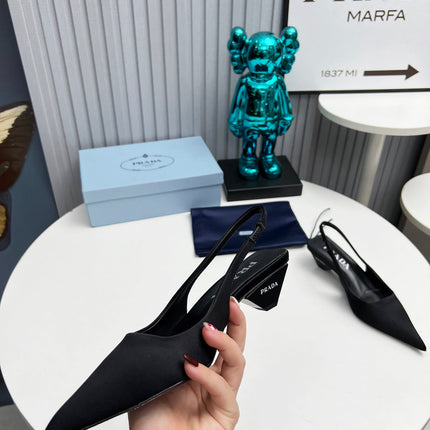 PRADA 26S POINTED TOE SLINGBACK 40MM IN BLACK SATIN