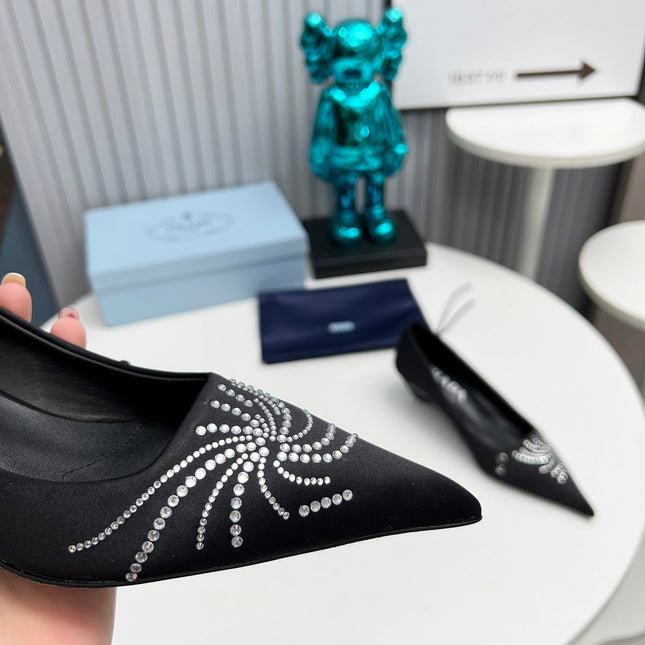 PRADA 26S POINTED TOE PUMPS 40MM IN BLACK SATIN CRYSTAL EMBELLISHED