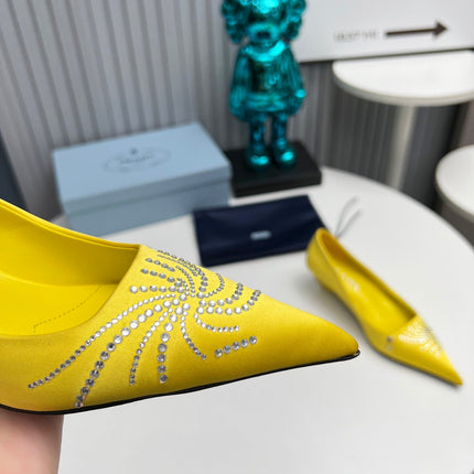 PRADA 26S POINTED TOE PUMPS 40MM IN YELLOW SATIN CRYSTAL EMBELLISHED