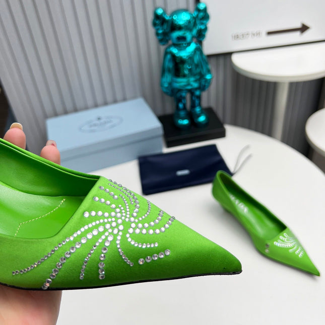 PRADA 26S POINTED TOE PUMPS 40MM IN APPLE GREEN SATIN CRYSTAL EMBELLISHED