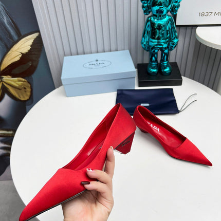 PRADA 26S POINTED TOE PUMPS 40MM IN RED SATIN