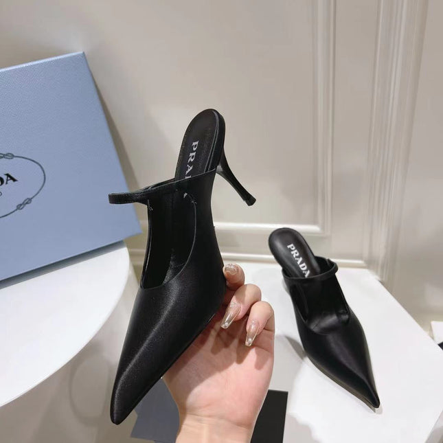 PRA HIGH-HEELED MULES BLACK SATIN