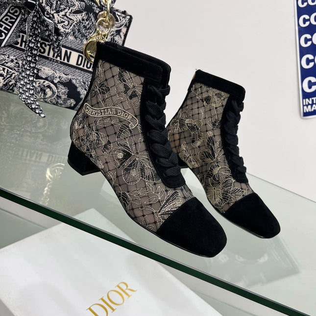 DIOR 25S NAUGHTILY-D ANKLE BOOTS 35 MM IN BLACK MESH TULLE AND SUEDE