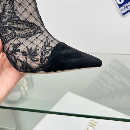 DIOR 25S POINTED-TOE ANKLE BOOTS 95 MM IN BLACK MESH TULLE AND SUEDE STYLE 1