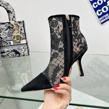 DIOR 25S POINTED-TOE ANKLE BOOTS 95 MM IN BLACK MESH TULLE AND SUEDE STYLE 1