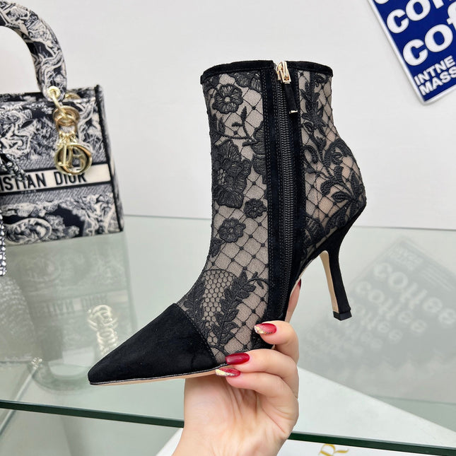 DIOR 25S POINTED-TOE ANKLE BOOTS 95 MM IN BLACK MESH TULLE AND SUEDE STYLE 1